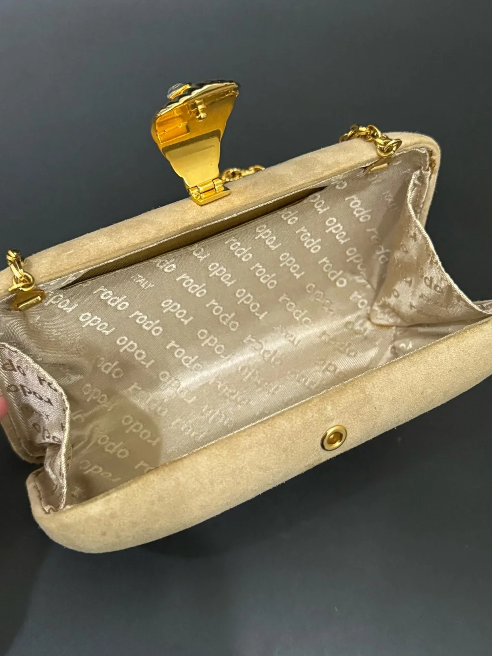 Vintage RODO Beige Suede Leather Hard Case Structured Clutch Crossbody Bag